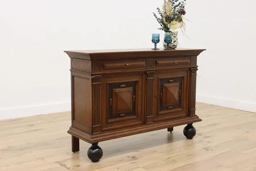 Photo of Dutch Antique Carved Oak Bar Cabinet or TV Console, Bun Feet