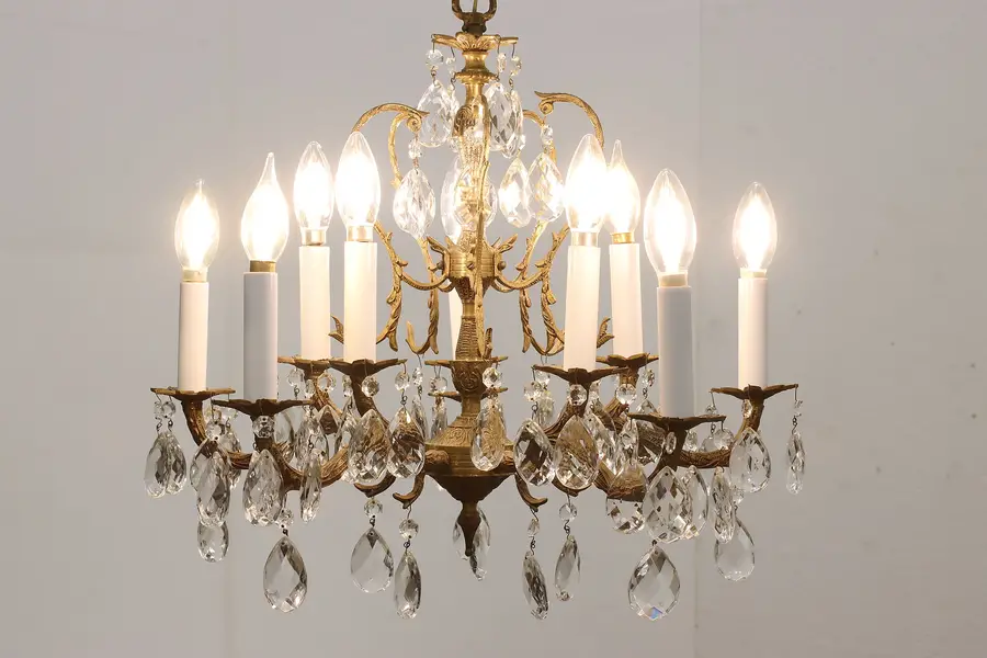 Photo of Art Nouveau Vintage Brass & Prisms 10 Arm Chandelier