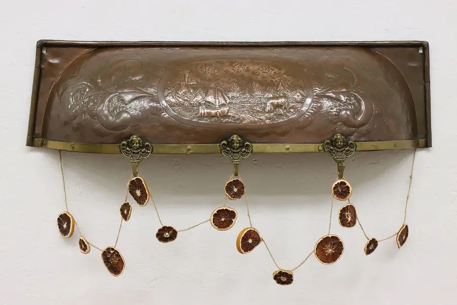 Photo of Dutch Antique Embossed Copper & Brass Wall Coat Rack Cherubs