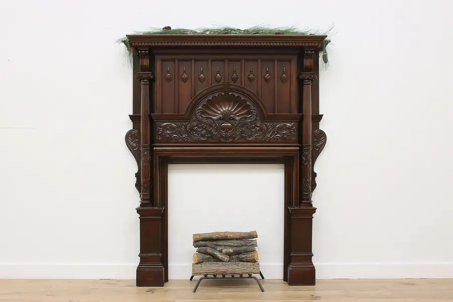 Photo of English Victorian Antique Carved Mahogany Fireplace, Shell