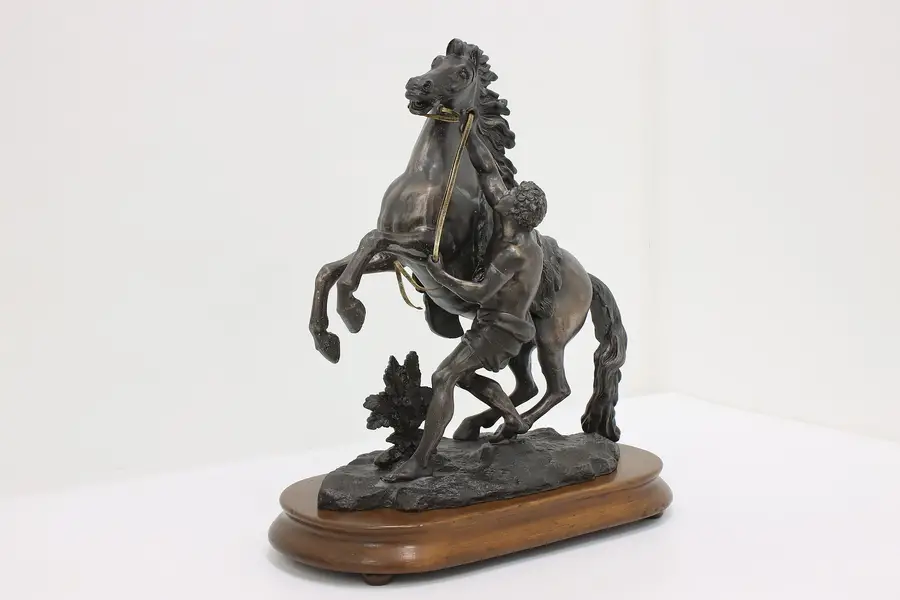 Photo of Taming Bucephalus Vintage Cast Metal Sculpture & Walnut Base