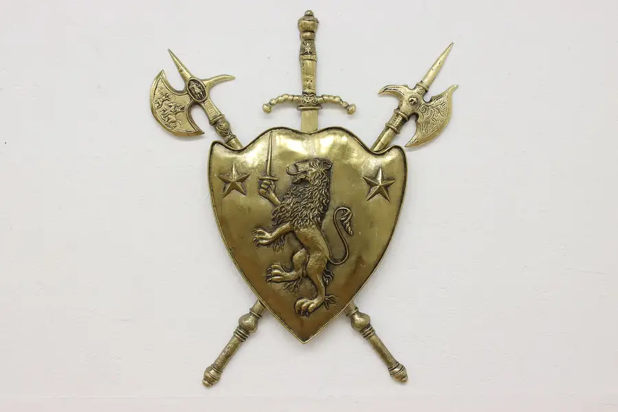 Photo of European Vintage Brass Plated Rampant Lion Battle Shield