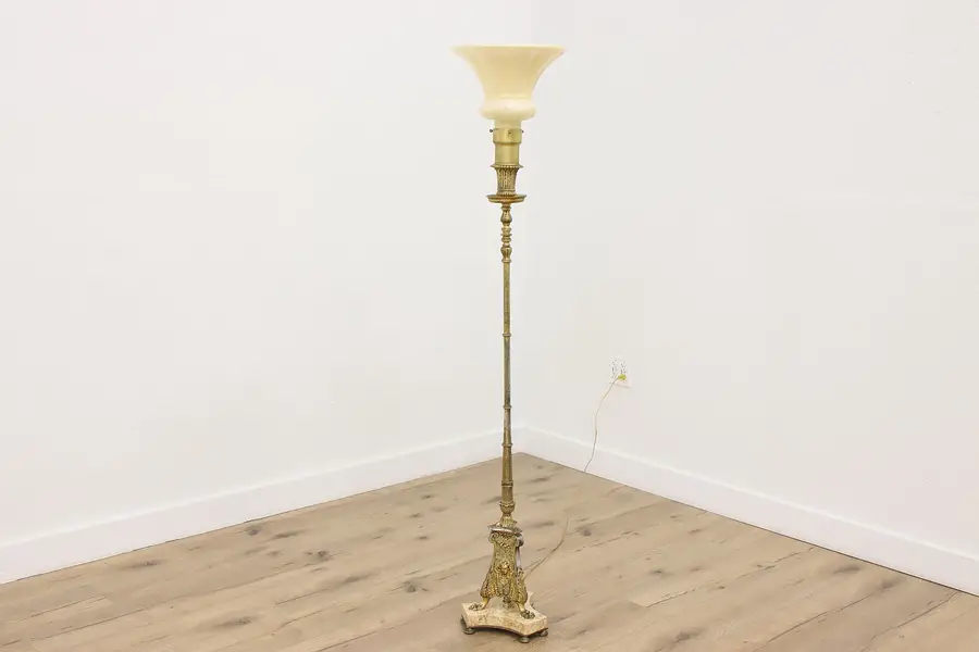 Photo of Classical Antique Brass Finish & Marble Torchiere Floor Lamp