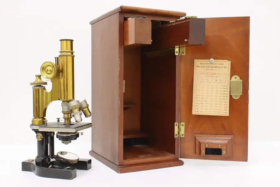 Photo of Bausch Antique Brass Laboratory Microscope & Mahogany Case
