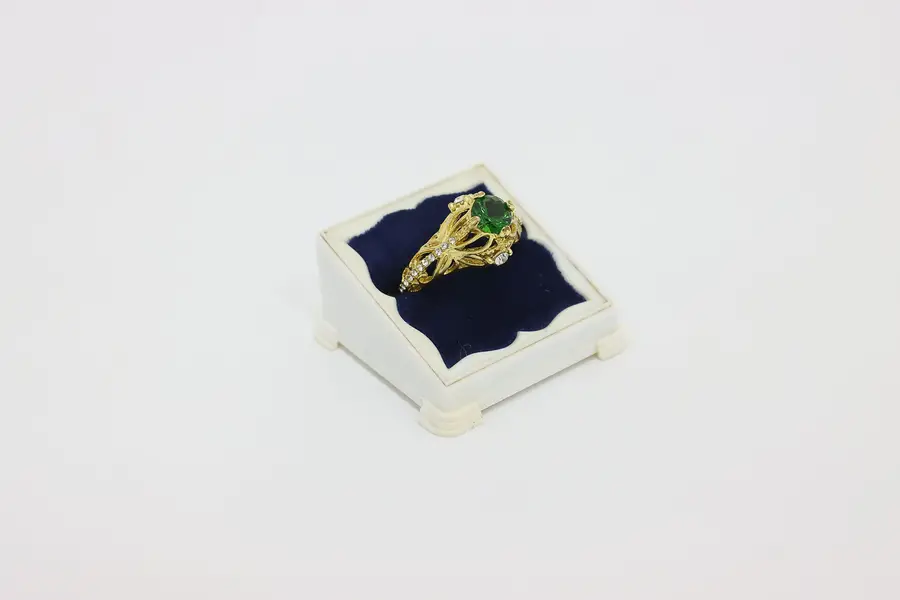 Photo of Gold Tone Green & Clear Stone Filigree Ring – Size 7