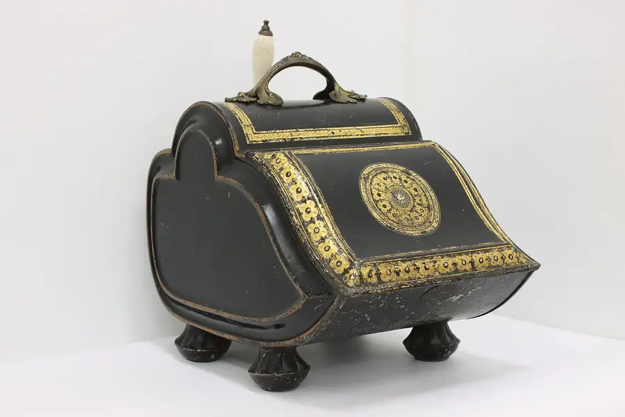 Photo of Victorian Antique Gilt Painted Tin Coal Hod Scuttle, Shovel