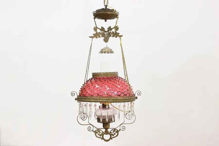 Photo of Victorian Antique Brass & Cranberry Hobnail Glass Chandelier