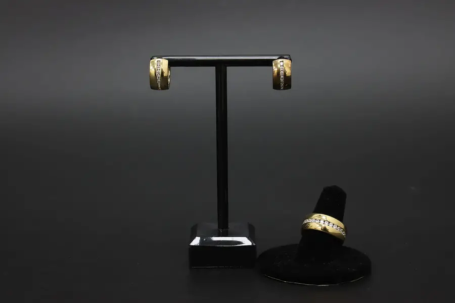 Photo of 3 Pc Gold Vermeil Earrings & Size 5 Ring Set, CZ Gems