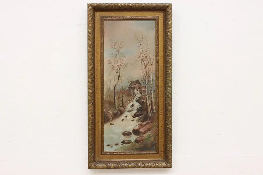 Photo of Autumn at the Mill Antique Original Oil Painting 25.5"