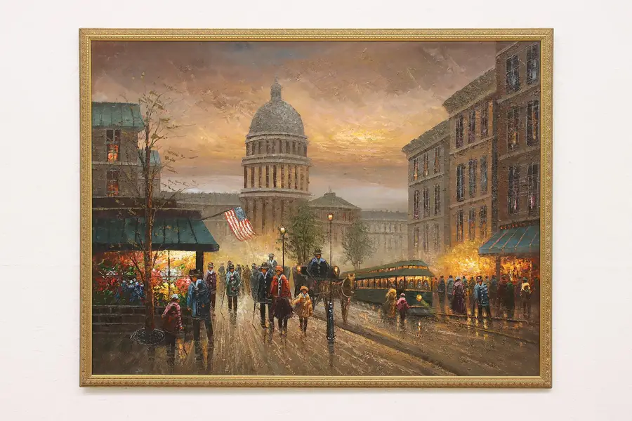 Photo of Patriotic City at Sunset Vintage Original Oil Painting 50.5"