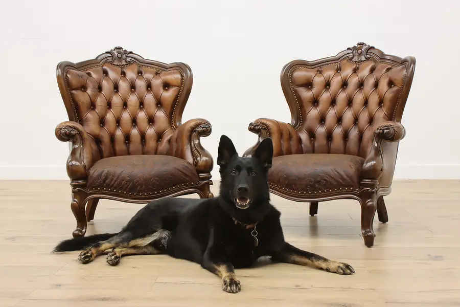 Photo of Pair Vintage Italian Baroque Tufted Leather Wingback Chairs