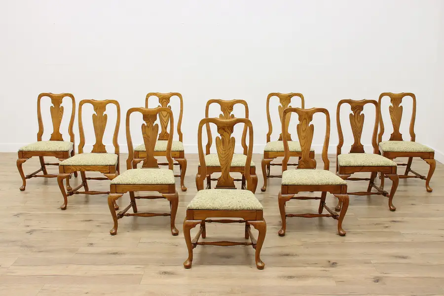 Photo of Set of 10 Georgian Vintage Ash & New Fabric Dining Chairs