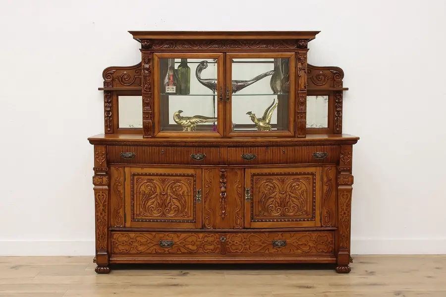 Photo of Victorian Antique Carved Oak Sideboard Server Bar Cabinet