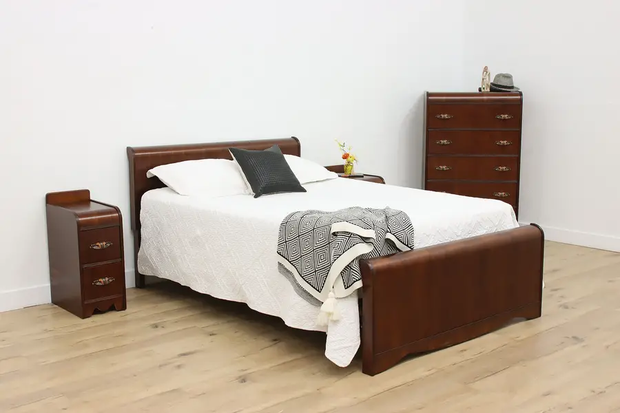 Photo of Art Deco Vintage 4 Pc Queen Size Walnut Waterfall Bed Set