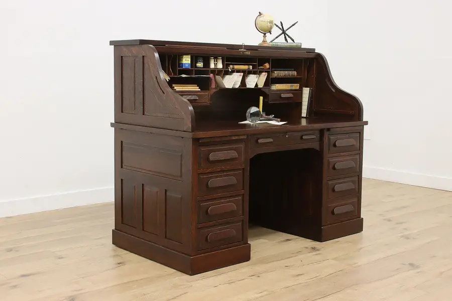 Photo of Victorian Antique Oak S Curve Roll Top Office Library Desk