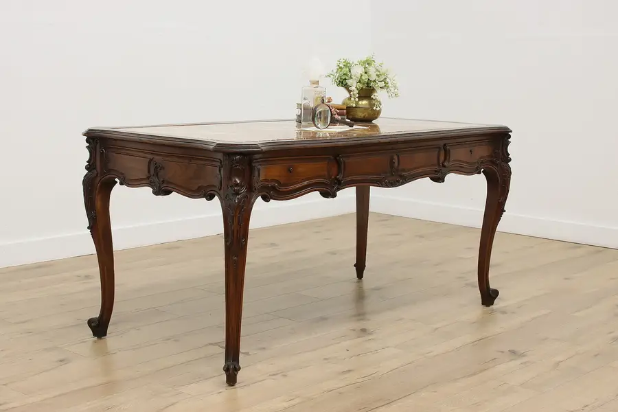 Photo of Country French Antique Oak Marble Top Library or Office Desk