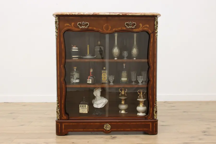 Photo of French Antique Mahogany & Marble China Display, Bar Cabinet