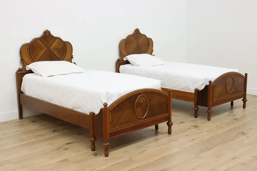 Photo of Pair of Tudor Vintage Walnut & Maple Twin Size Beds, Joerns