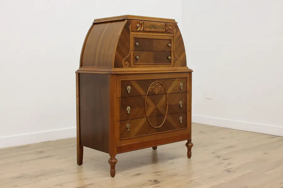 Photo of Tudor Vintage Walnut & Maple Highboy Dresser or Chest Joerns