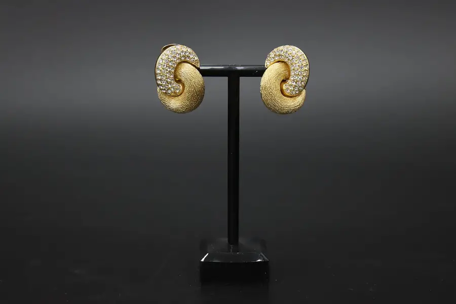 Photo of Pair of Gold Tone & CZ Gemstone Christian Dior Clip Earrings