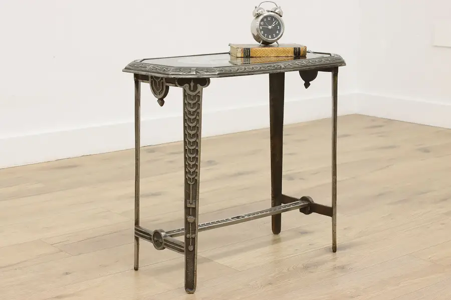 Photo of Art Deco Antique Nickel Side or End Table Glass Deer Scene