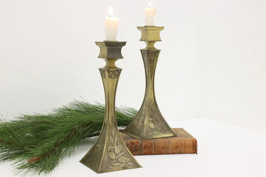 Photo of Pair of Art Nouveau Antique Brass Candlesticks Kronheim
