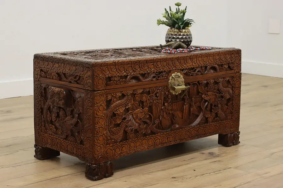 Photo of Chinese Vintage Camphor Dowry Chest or Trunk Carved Dragons