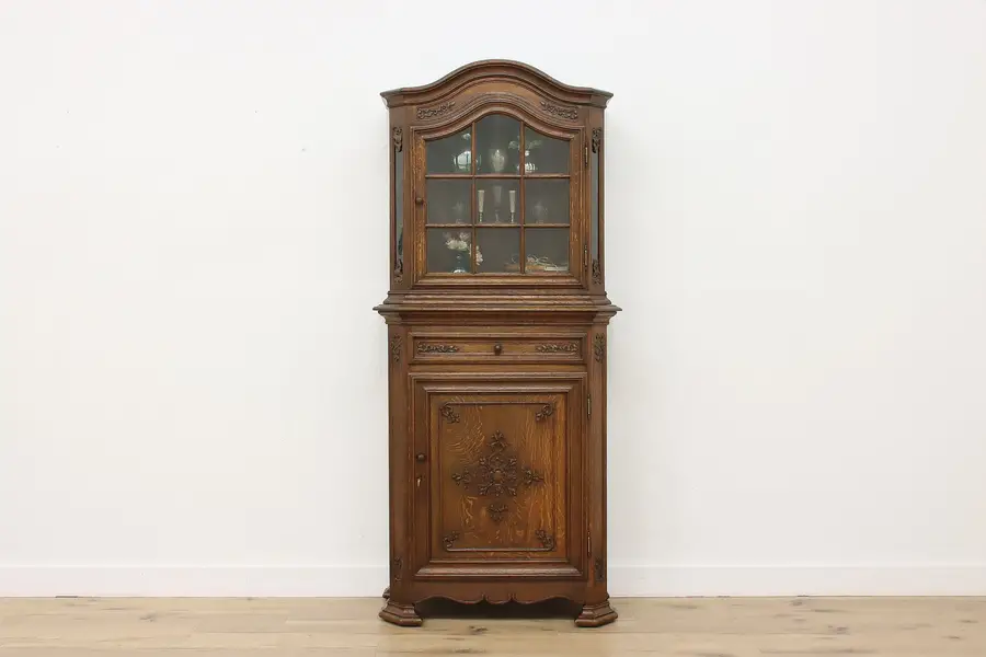 Photo of French Antique Carved Oak Curio Display Bar or Bath Cabinet