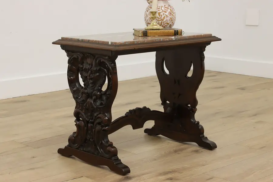 Photo of Renaissance Antique Marble Top Carved Walnut End Side Table