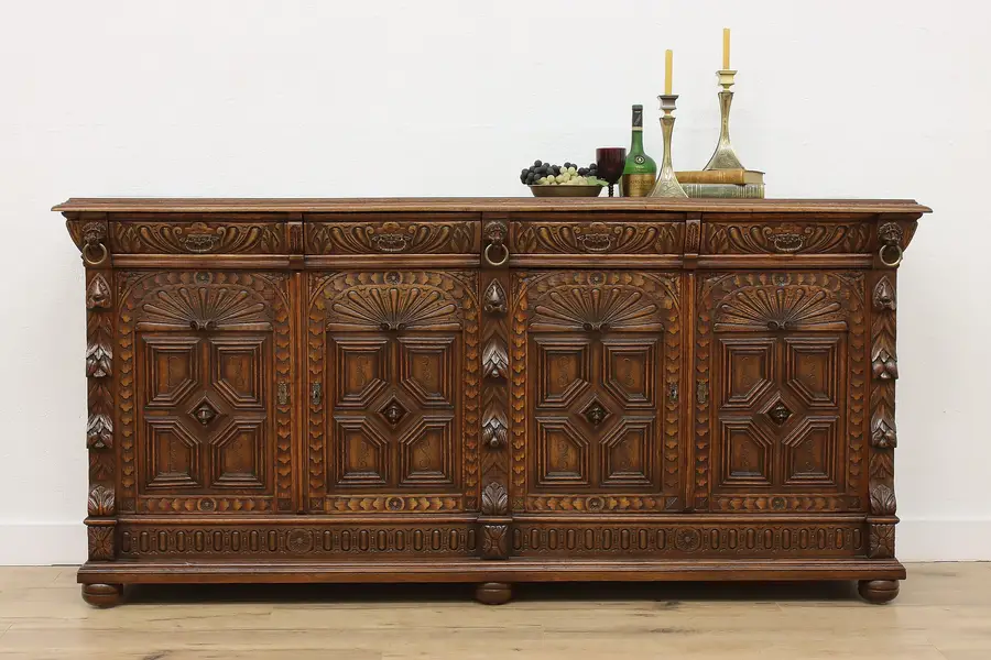 Photo of Oak Antique Buffet, TV Console or Sideboard, Carved Lions