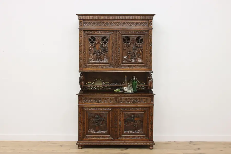 Photo of French Brittany Antique Carved Oak Sideboard Cupboard or Bar