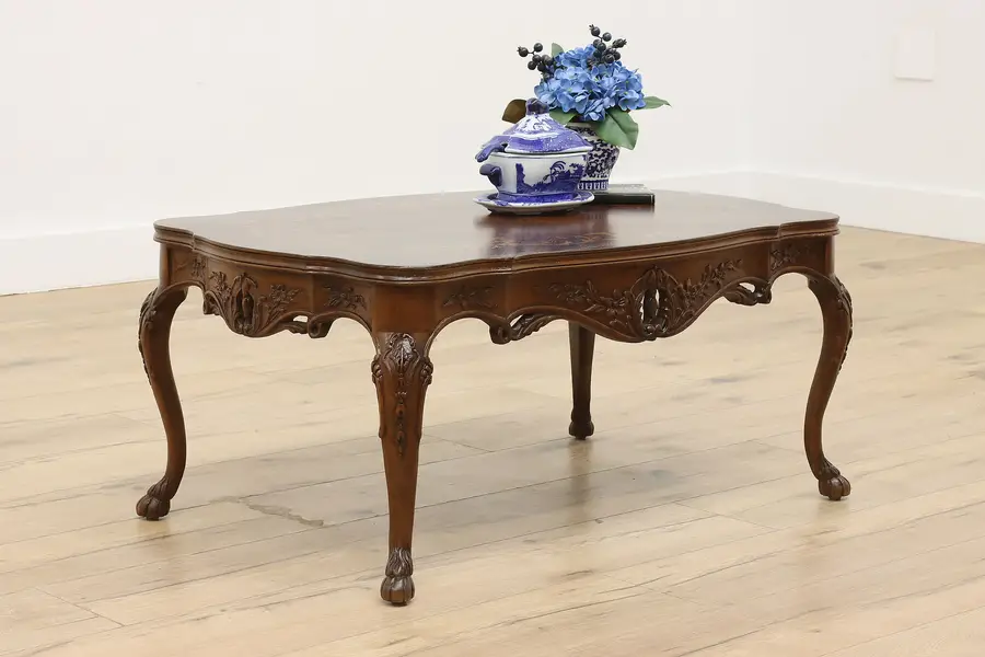Photo of French Antique Carved Walnut & Floral Inlay Coffee Table
