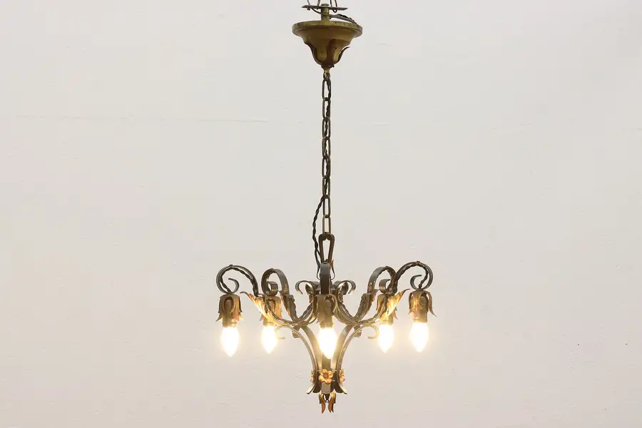 Photo of Art Nouveau Antique Painted 5 Arm Chandelier, Flowers
