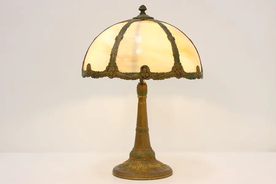 Photo of Art Nouveau Antique Stained Glass Table Lamp, Hand Painted