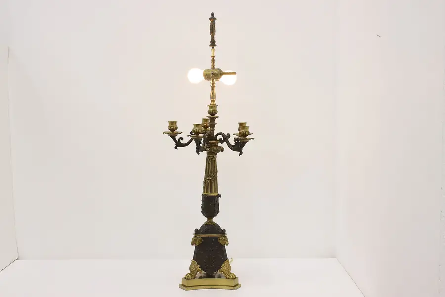 Photo of French Neoclassical Antique Brass Candelabra Table Lamp Rams