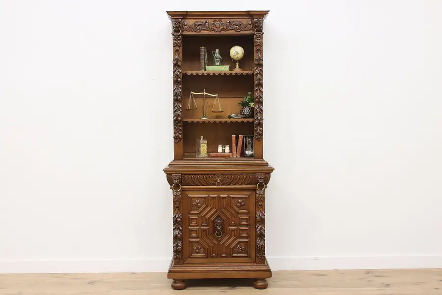 Photo of Black Forest Antique Oak Library Office Bookcase, Lion Heads