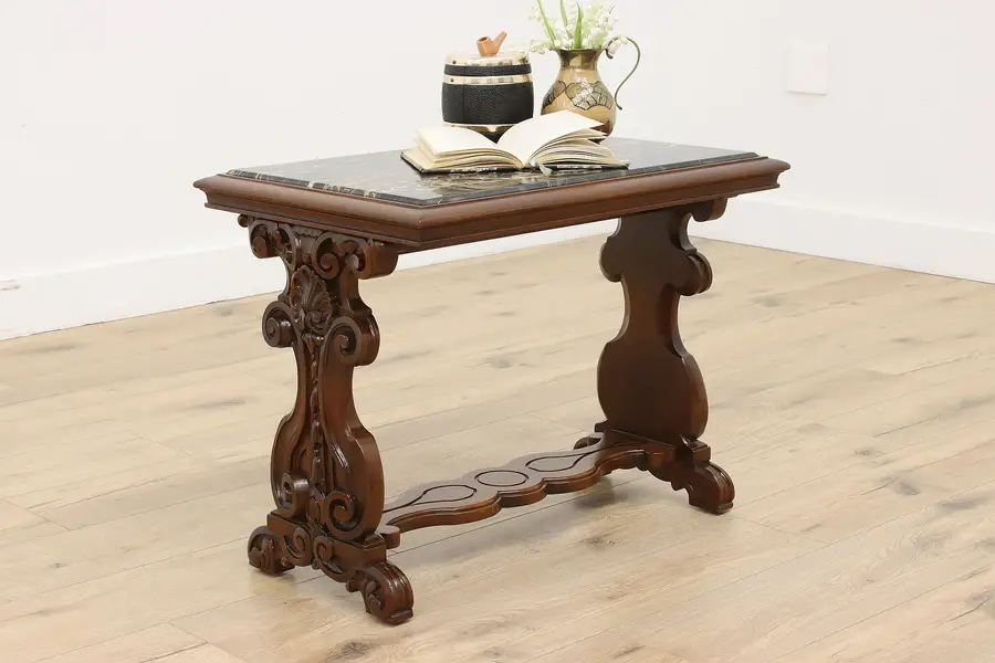 Photo of Carved Walnut & Marble Antique Chairside Lamp or End Table