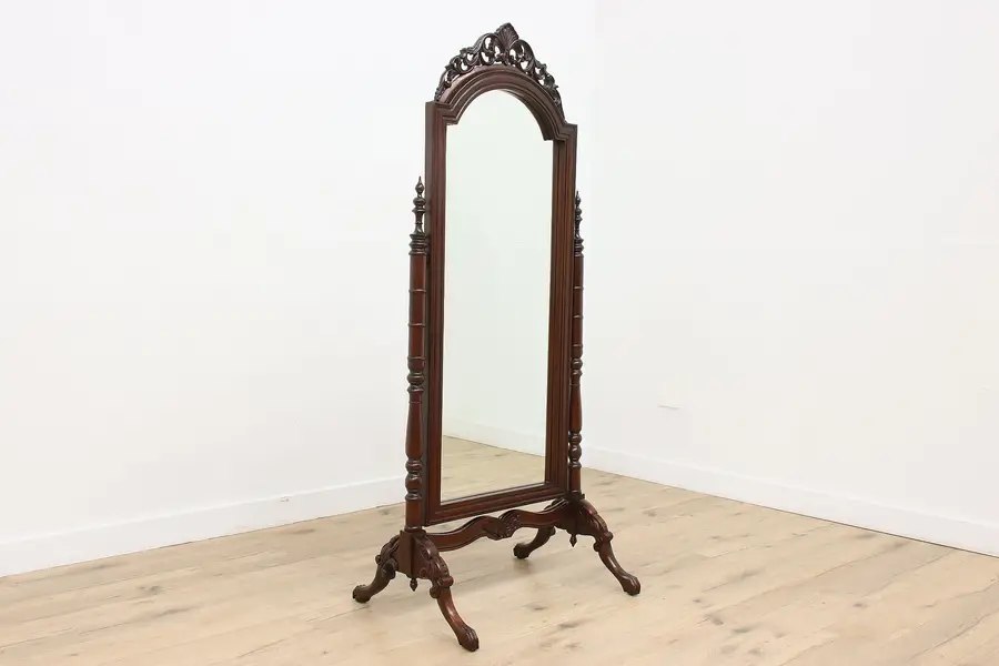 Photo of Carved Mahogany Vintage Beveled Cheval Dressing Mirror