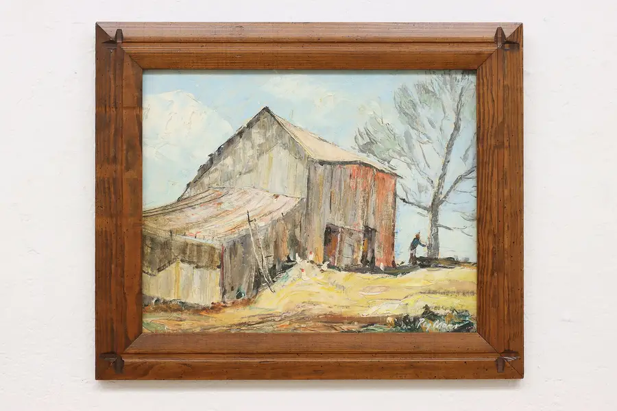 Photo of Farmyard Chickens Vintage Original Oil Painting Mars 24.5"