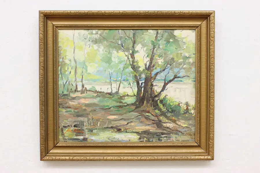 Photo of Springtime Riverbank Vintage Original Oil Painting Mars 24"
