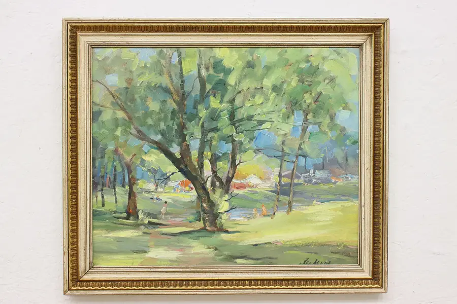 Photo of Summer River Park Vintage Original Oil Painting Mars 22.5"