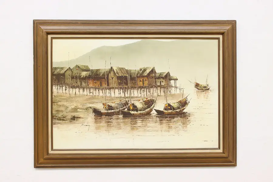 Photo of Asian Village on Stilts Boats Vintage Oil Painting Wong 44"