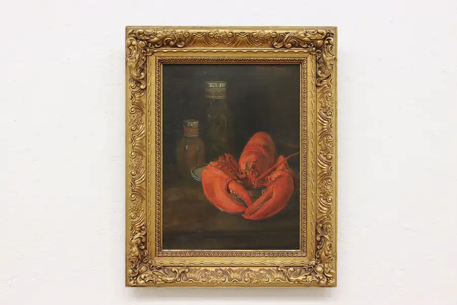 Photo of Lobster Still Life Antique Original Oil Painting Knab 21.5"