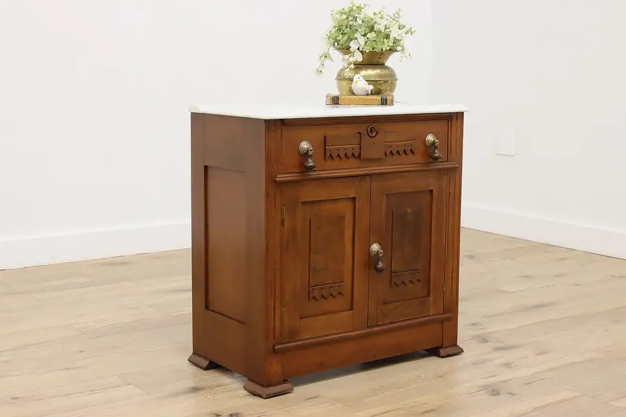 Photo of Victorian Antique Walnut Nightstand Chest, Marble Top