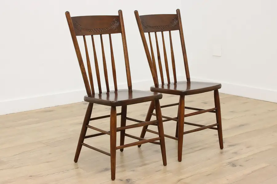 Photo of Pair of Farmhouse Antique Press Carved Kitchen Dining Chairs