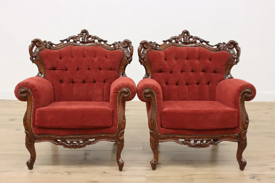Photo of Pair of Italian Antique Carved Tufted Carved Wing Chairs