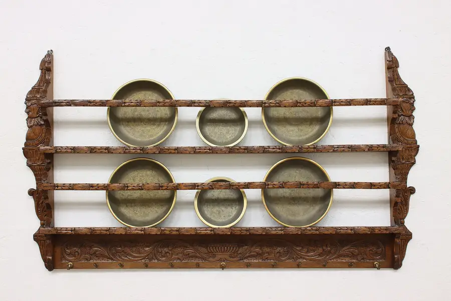 Photo of Dutch Antique Hand Carved Oak Kitchen Plate & Pan Wall Rack