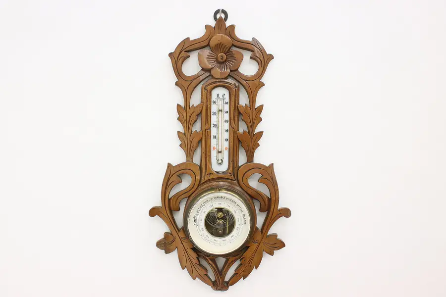Photo of Black Forest Antique Carved Walnut Thermometer & Barometer
