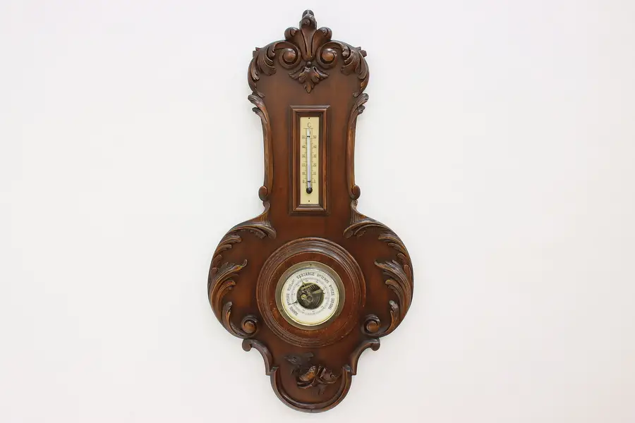 Photo of Victorian Antique Carved Walnut Wall Thermometer & Barometer