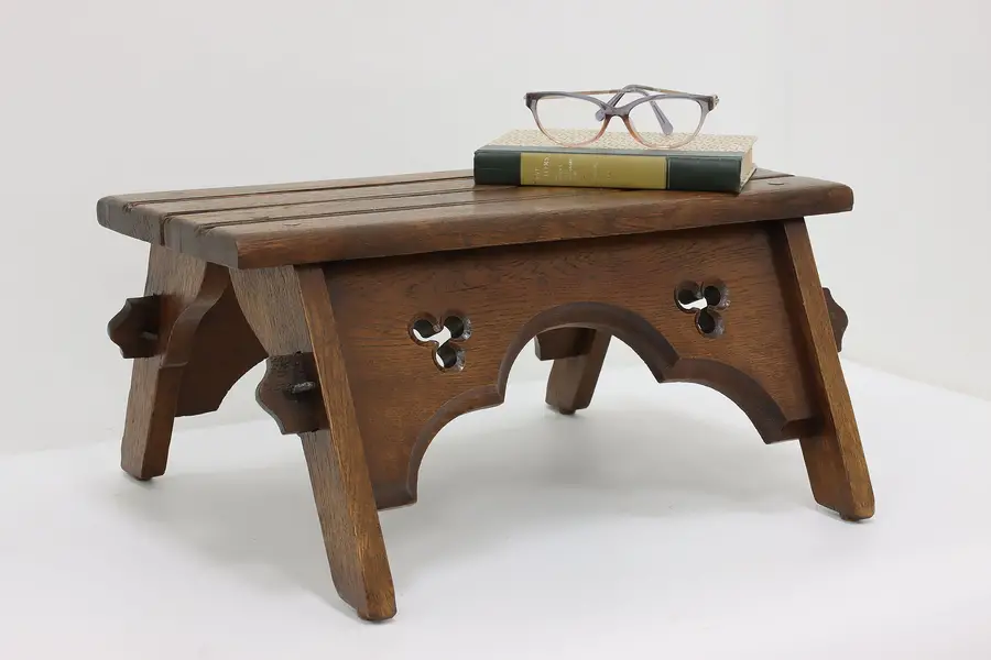 Photo of Craftsman Antique Oak Footstool, Carved Gothic Motifs